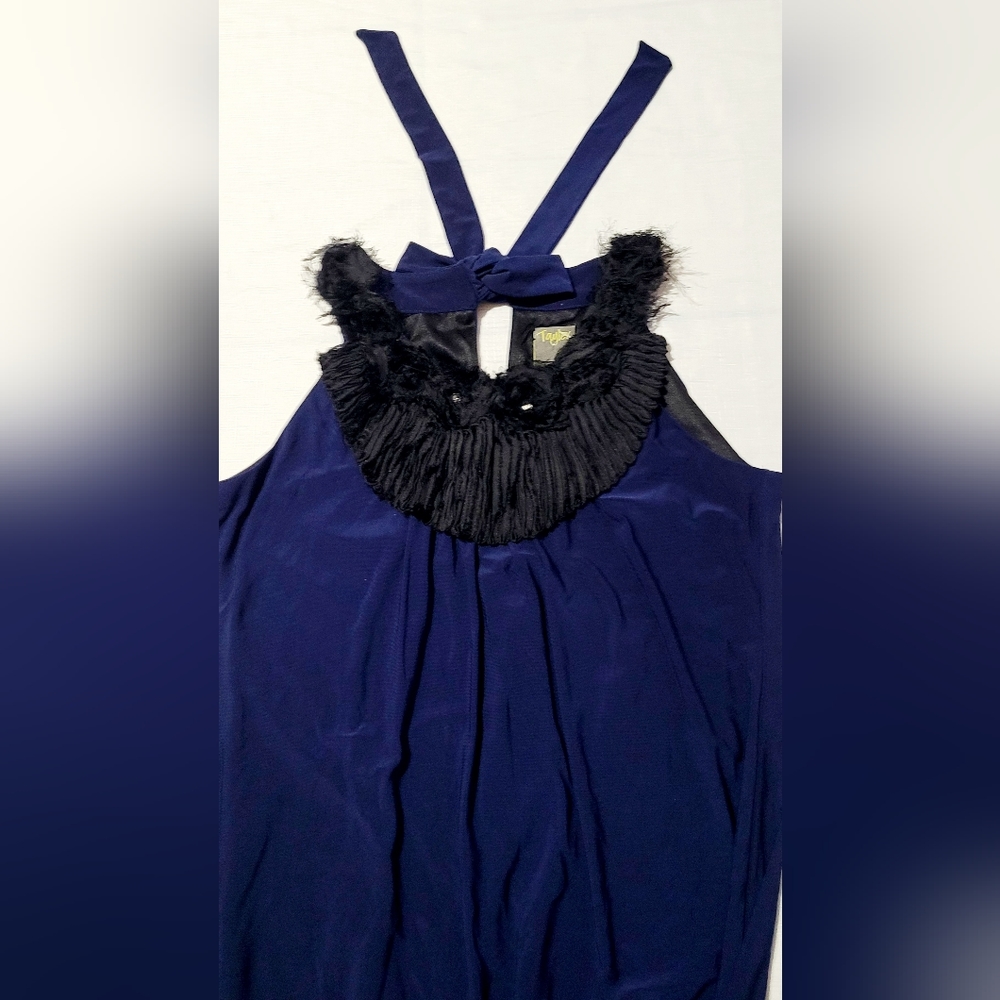 Taylor Navy Blue Pleated With Black Ruffle Sleeveless Shift Tent Tunic Dress 4 - Picture 7 of 10